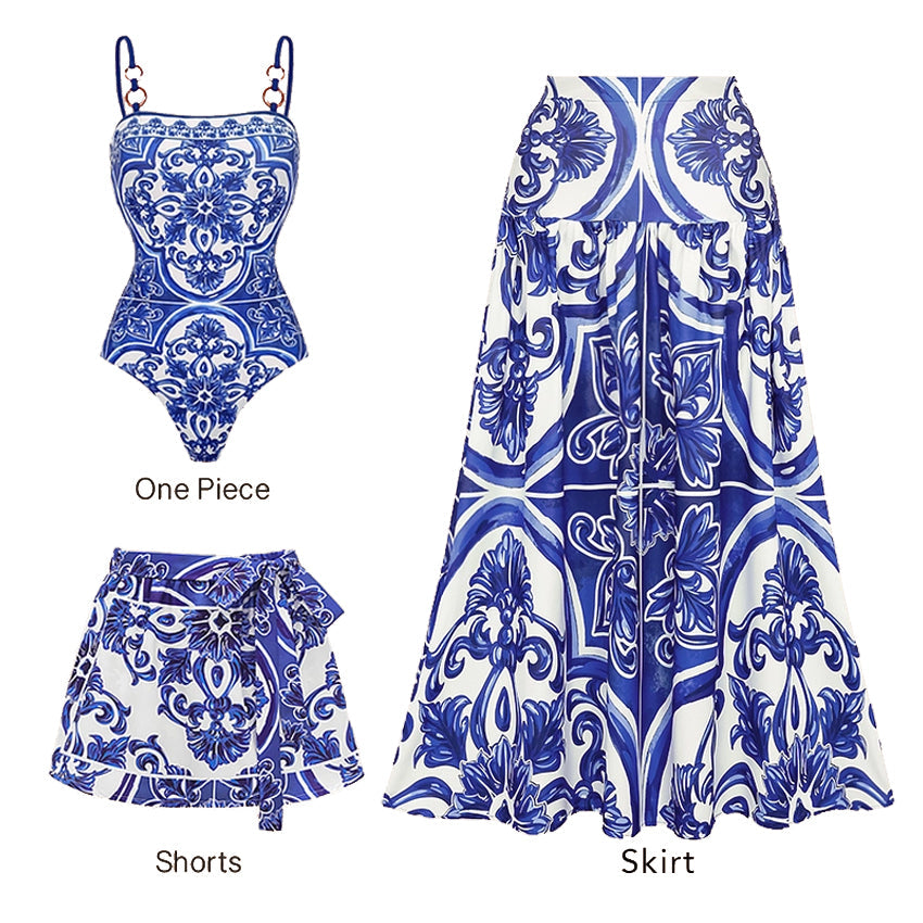 Conjunto de Bañador de Una Pieza con Falda o Pantalones Cortos de Estampado Majólica para Mujeres - Vacaciones en la Playa, Resort, Fiesta en la Piscina, Crucero de Verano – Azul y Blanco