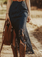 Vestido Midi Sin Mangas de Encaje Boho Vintage para Mujeres, Estilo Vaquero, Fiesta en el Jardín, Uso Diario, Romántico – Azul Marino