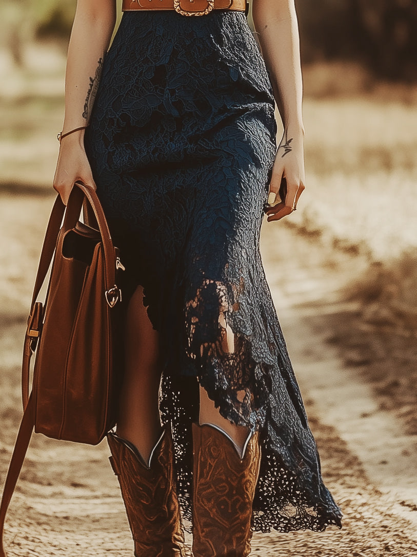 Vestido Midi Sin Mangas de Encaje Boho Vintage para Mujeres, Estilo Vaquero, Fiesta en el Jardín, Uso Diario, Romántico – Azul Marino