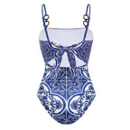 Conjunto de Bañador de Una Pieza con Falda o Pantalones Cortos de Estampado Majólica para Mujeres - Vacaciones en la Playa, Resort, Fiesta en la Piscina, Crucero de Verano – Azul y Blanco