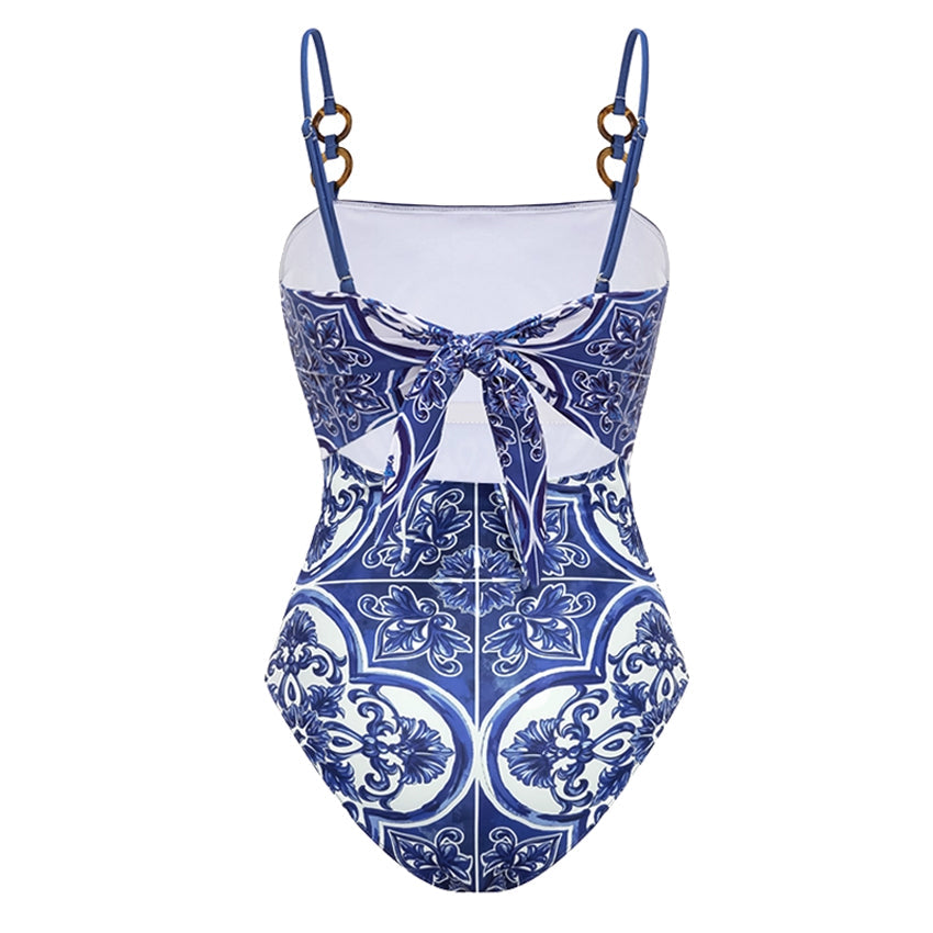 Conjunto de Bañador de Una Pieza con Falda o Pantalones Cortos de Estampado Majólica para Mujeres - Vacaciones en la Playa, Resort, Fiesta en la Piscina, Crucero de Verano – Azul y Blanco