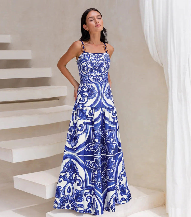 Conjunto de Bañador de Una Pieza con Falda o Pantalones Cortos de Estampado Majólica para Mujeres - Vacaciones en la Playa, Resort, Fiesta en la Piscina, Crucero de Verano – Azul y Blanco