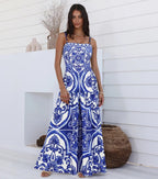 Conjunto de Bañador de Una Pieza con Falda o Pantalones Cortos de Estampado Majólica para Mujeres - Vacaciones en la Playa, Resort, Fiesta en la Piscina, Crucero de Verano – Azul y Blanco