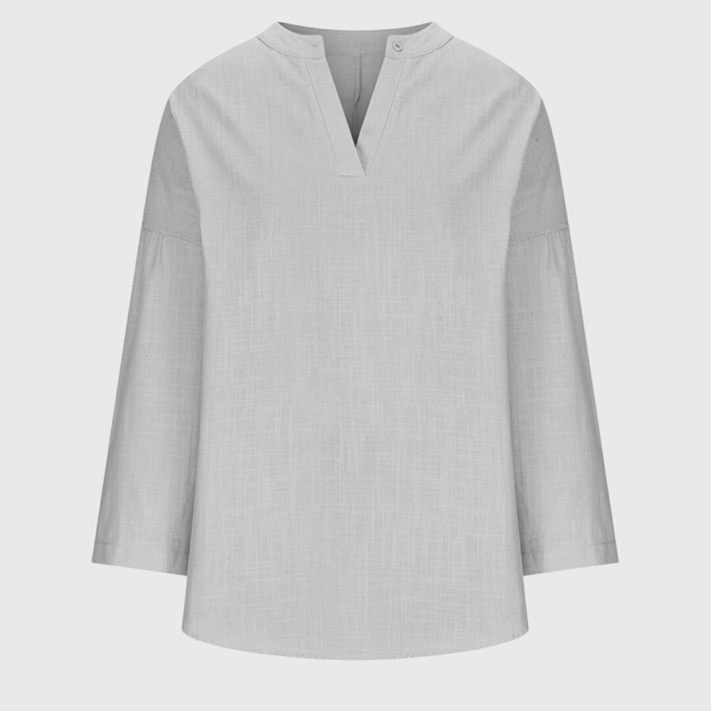Camisa de Playa Elegante y Fluida para Mujeres con Cuello en V y Manga Larga, Ajuste Relajado, Casual de Verano – Lenara