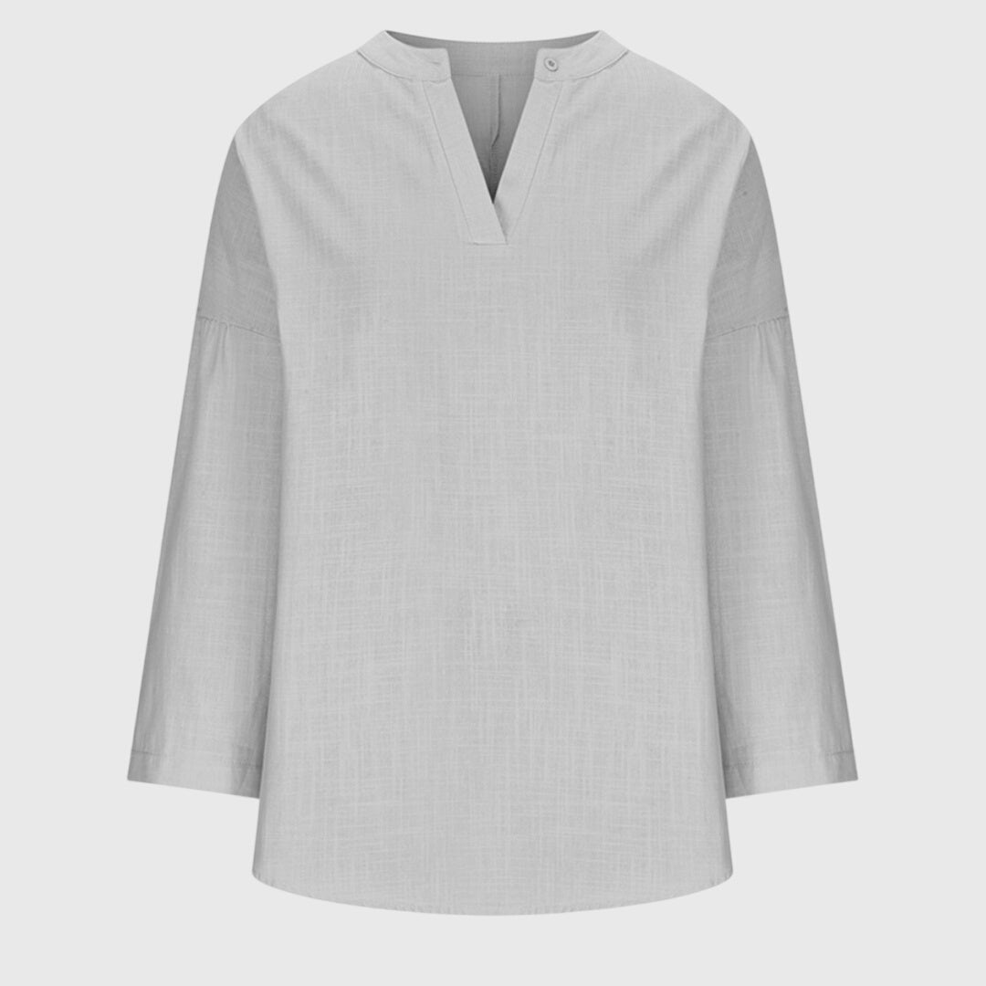Camisa de Playa Elegante y Fluida para Mujeres con Cuello en V y Manga Larga, Ajuste Relajado, Casual de Verano – Lenara