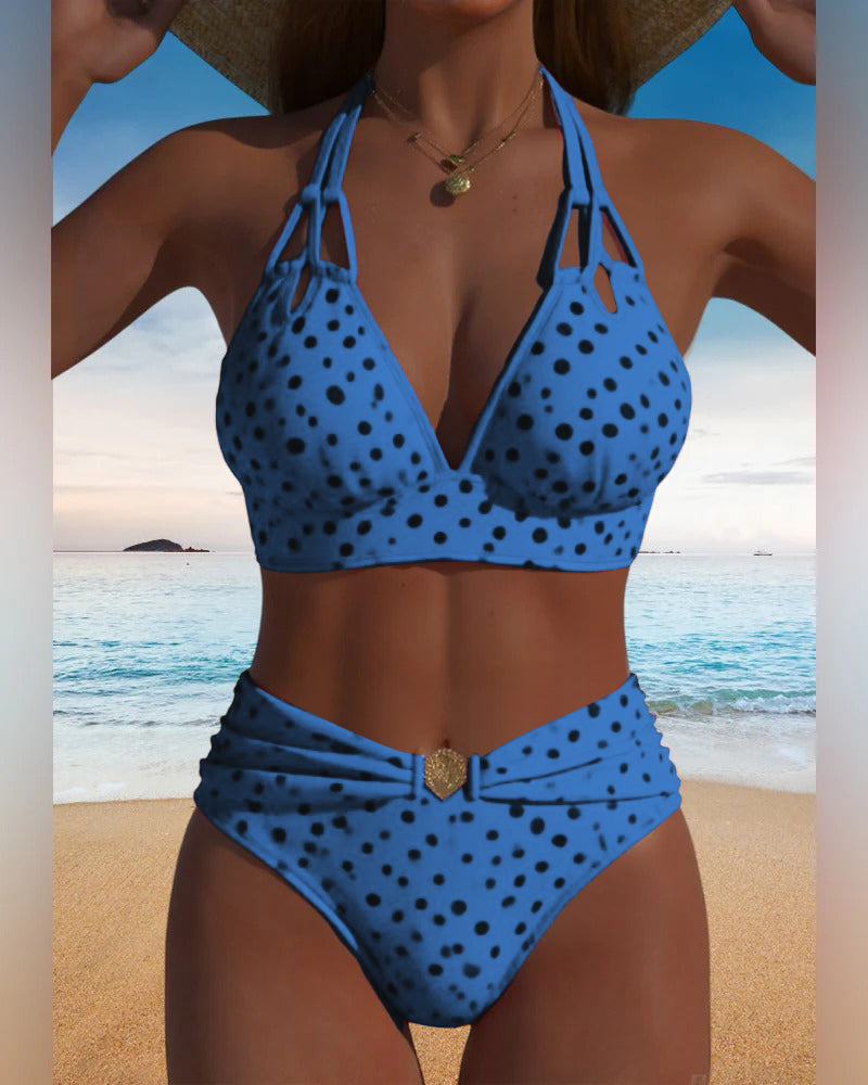 Conjunto de Bikini Halter de Lunares para Mujeres, Traje de Baño de Dos Piezas, Sin Mangas, Playa, Verano, Vacaciones