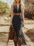 Vestido Midi Sin Mangas de Encaje Boho Vintage para Mujeres, Estilo Vaquero, Fiesta en el Jardín, Uso Diario, Romántico – Azul Marino