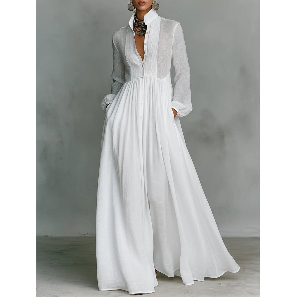 Vestido Largo Casual Formal Minimalista de Algodón y Lino para Mujeres con Cuello Alto y Botones