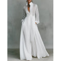 Vestido Largo Casual Formal Minimalista de Algodón y Lino para Mujeres con Cuello Alto y Botones