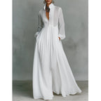 Vestido Largo Casual Formal Minimalista de Algodón y Lino para Mujeres con Cuello Alto y Botones
