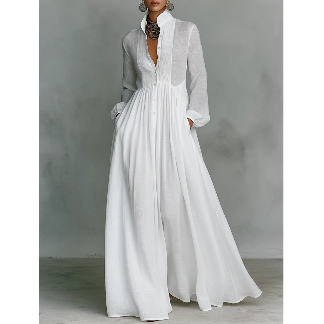 Vestido Largo Casual Formal Minimalista de Algodón y Lino para Mujeres con Cuello Alto y Botones