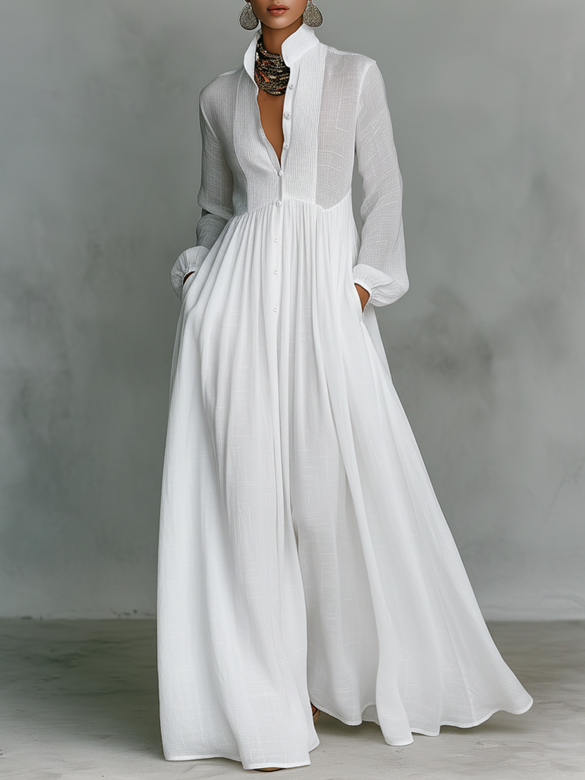 Vestido Largo Casual Formal Minimalista de Algodón y Lino para Mujeres con Cuello Alto y Botones