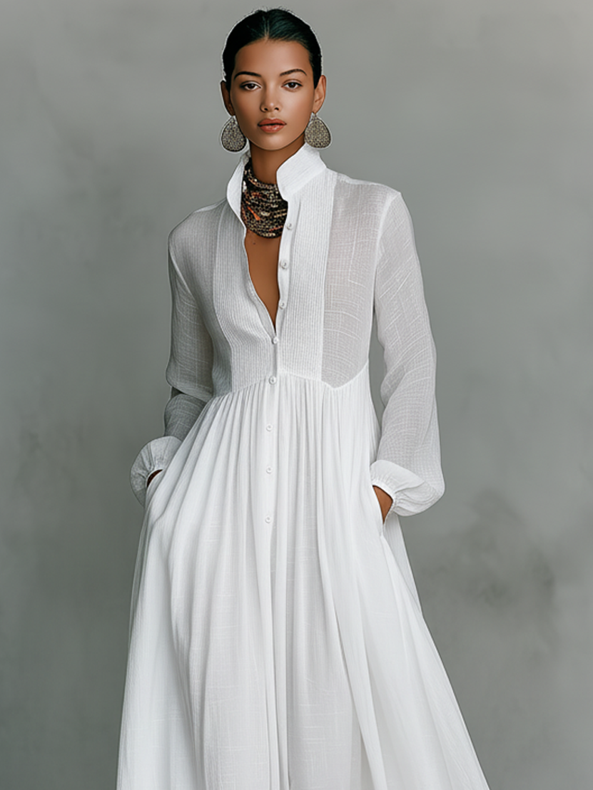 Vestido Largo Casual Formal Minimalista de Algodón y Lino para Mujeres con Cuello Alto y Botones