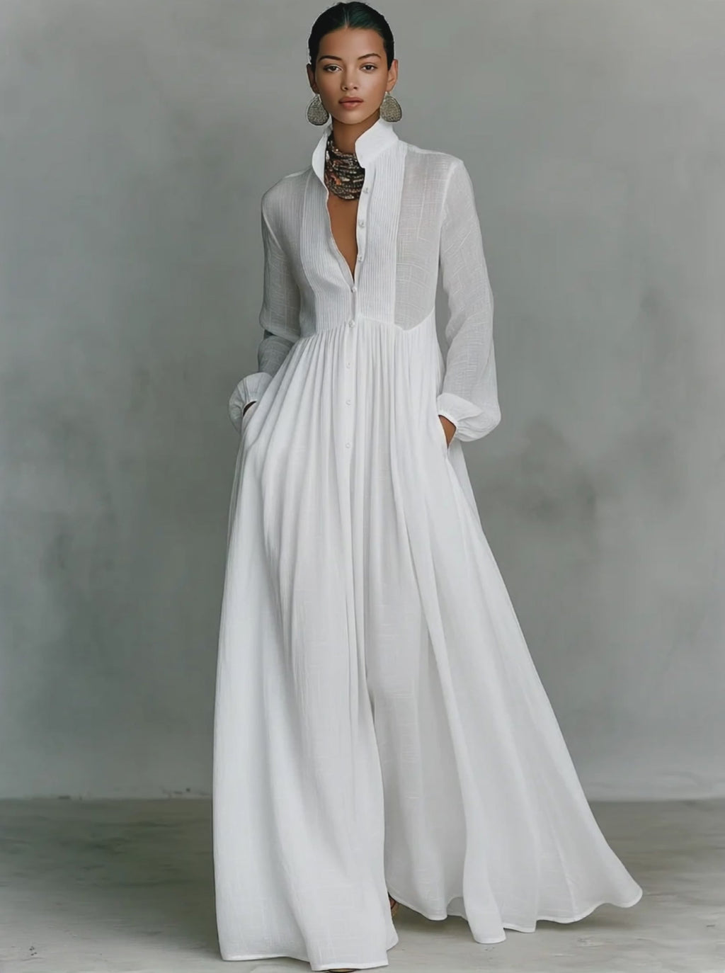 Vestido Largo Casual Formal Minimalista de Algodón y Lino para Mujeres con Cuello Alto y Botones