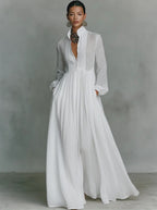 Vestido Largo Casual Formal Minimalista de Algodón y Lino para Mujeres con Cuello Alto y Botones