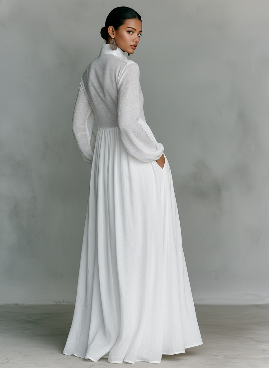Vestido Largo Casual Formal Minimalista de Algodón y Lino para Mujeres con Cuello Alto y Botones