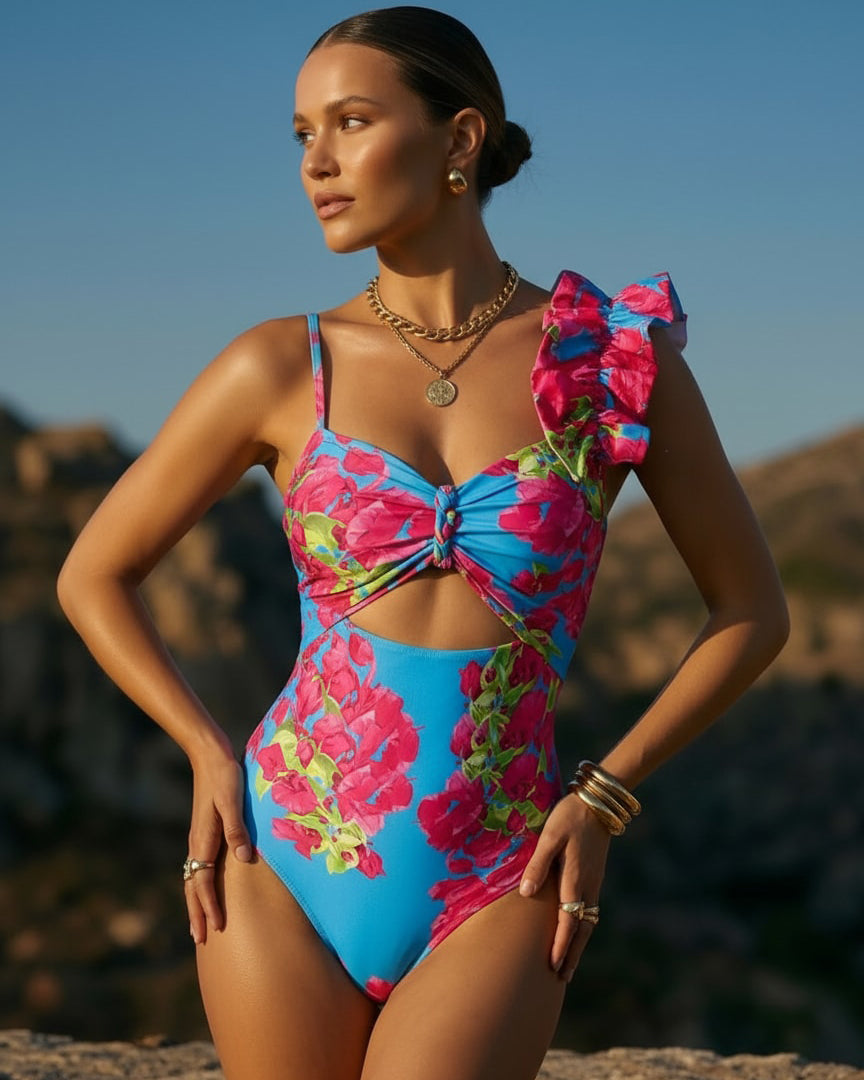 Traje de Baño de Una Pieza Con Corte láser En Forma De Flor y Falda Cubriente, Escote En V, Elegante, Para la Playa, Perano – Azul marino
