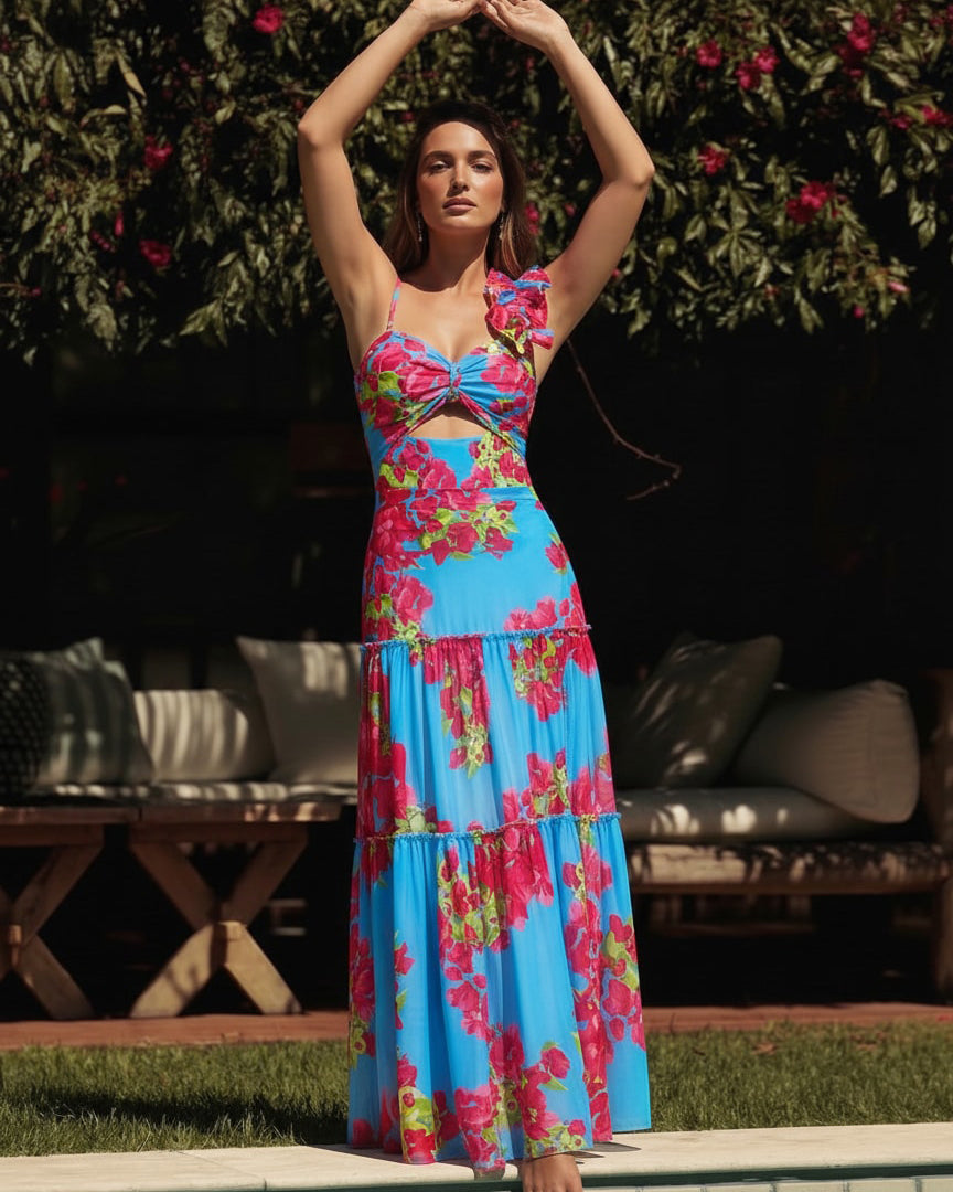 Traje de Baño de Una Pieza Con Corte láser En Forma De Flor y Falda Cubriente, Escote En V, Elegante, Para la Playa, Perano – Azul marino