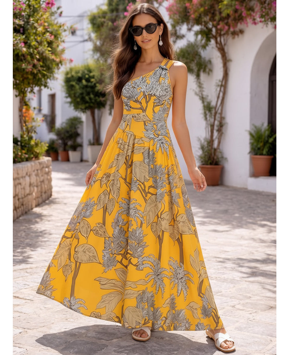 Conjunto de Traje de Baño de Una Sola Manga con Estampado Floral y Falda Larga para Vacaciones en la Playa, Fiesta en la Piscina, Resort Tropical Verano – Amarillo