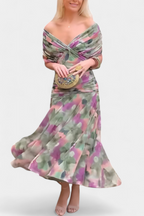 Vestido Midi Elegante de Mujer con Hombros Descubiertos, Cuerpo Drapado y Fruncido, Floral y Femenino – Lowenna
