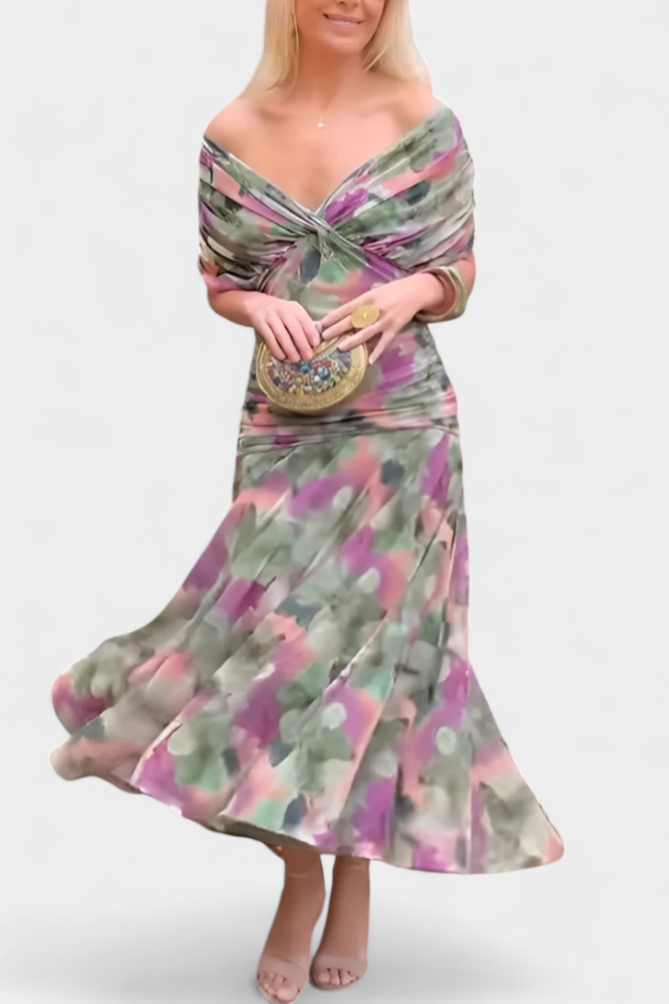 Vestido Midi Elegante de Mujer con Hombros Descubiertos, Cuerpo Drapado y Fruncido, Floral y Femenino – Lowenna