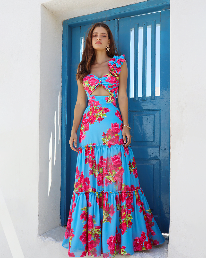 Traje de Baño de Una Pieza Con Corte láser En Forma De Flor y Falda Cubriente, Escote En V, Elegante, Para la Playa, Perano – Azul marino