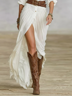 Vestido Largo de Algodón y Lino con Solapa y Pliegues de Manga Larga