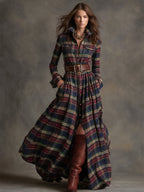 Vestido Largo de Vaquera Étnica Retro para Mujer con Cuello, Cinturón y Mangas Largas – Marrón Rojizo