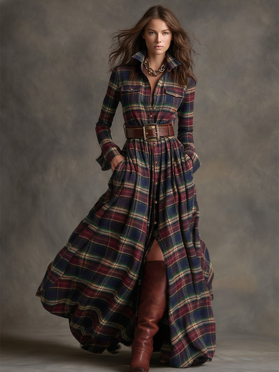 Vestido Largo de Vaquera Étnica Retro para Mujer con Cuello, Cinturón y Mangas Largas – Marrón Rojizo