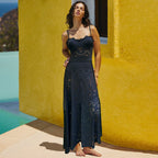 Conjunto de Traje de Baño de Una Pieza Negro con Corte Láser y Falda Larga con Escote en V para Vacaciones en la Playa, Resort, Fiesta en la Piscina y Crucero – Negro