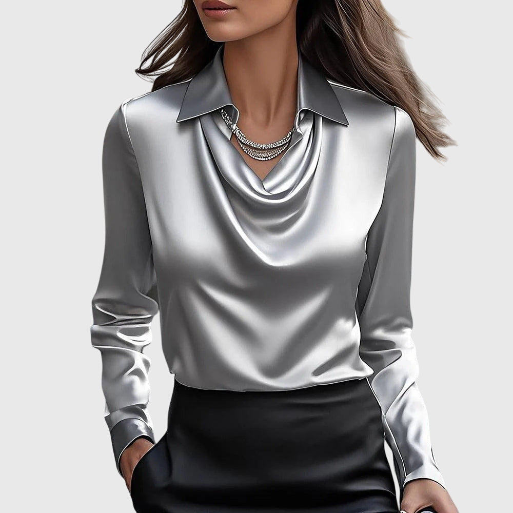 Blusa de Satén Elegante para Mujeres con Cuello de Cowl y Manga Larga, Brillo Lujoso, Ajuste Fluido, Casual Chic – Brooklyn