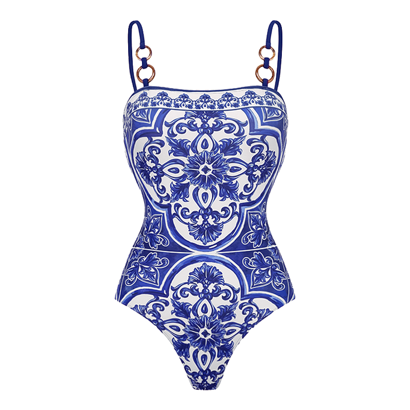 Conjunto de Bañador de Una Pieza con Falda o Pantalones Cortos de Estampado Majólica para Mujeres - Vacaciones en la Playa, Resort, Fiesta en la Piscina, Crucero de Verano – Azul y Blanco