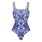 Conjunto de Bañador de Una Pieza con Falda o Pantalones Cortos de Estampado Majólica para Mujeres - Vacaciones en la Playa, Resort, Fiesta en la Piscina, Crucero de Verano – Azul y Blanco