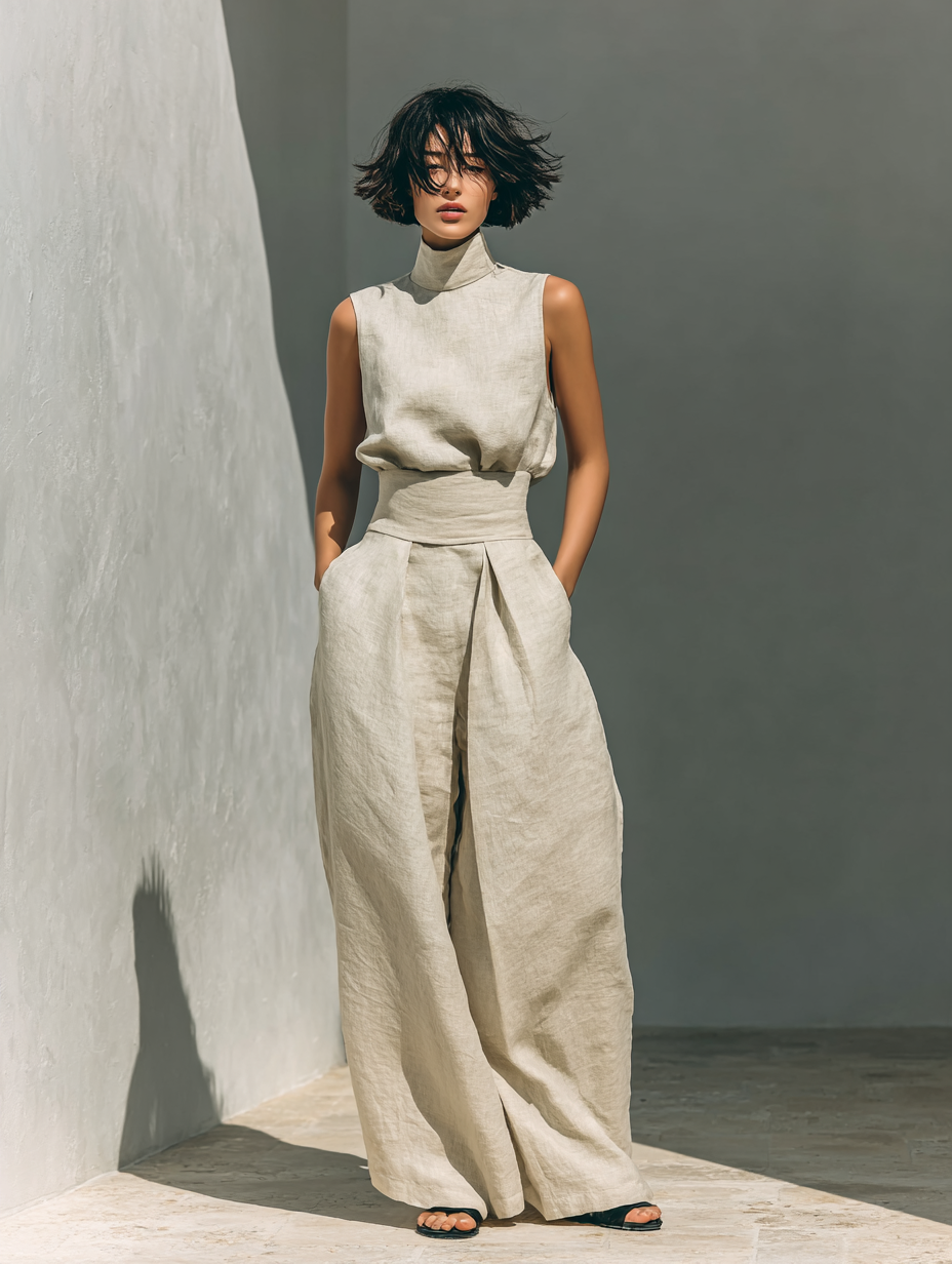Conjunto de Dos Piezas de Lino y Algodón Minimalista para Mujer, Blusa Sin Mangas y Pantalones de Pierna Ancha, Casual Chic – Beige