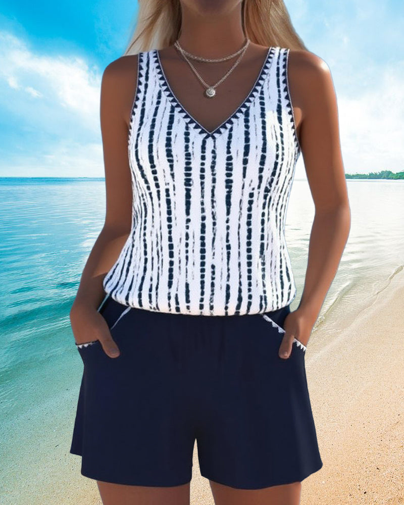 Conjunto de Tankini de Rayas con Escote en V para Mujer con Bolsillo y Pantalones Cortos Sólidos – Nautica