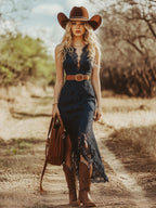 Vestido Midi Sin Mangas de Encaje Boho Vintage para Mujeres, Estilo Vaquero, Fiesta en el Jardín, Uso Diario, Romántico – Azul Marino