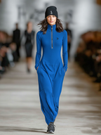 Vestido Largo de Mezcla de Algodón para Mujeres con Cuello Medio-Alto y Cierre de Cremallera, Corte Suelto, Casual y Athleisure – Negro