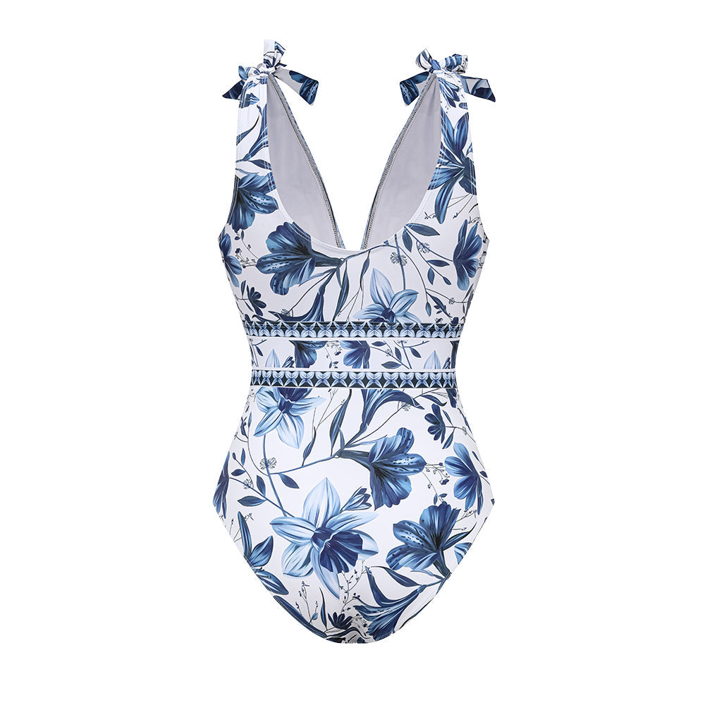 Conjunto de Traje de Baño de Una Pieza Con Escote En V, Cordones y Estampado Floral & Falda larga - Vacaciones En La Playa, Resort, Fiesta En La Piscina, Crucero, Luna de Miel – Azul