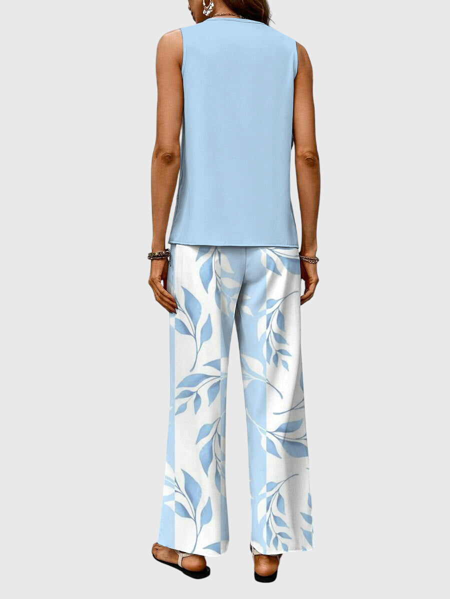 Conjunto de Verano Elegante de 2 Piezas para Mujeres Top de Cuello Cuadrado Pantalones de Pierna Ancha Estampado Floral Casual Chic – Brenda