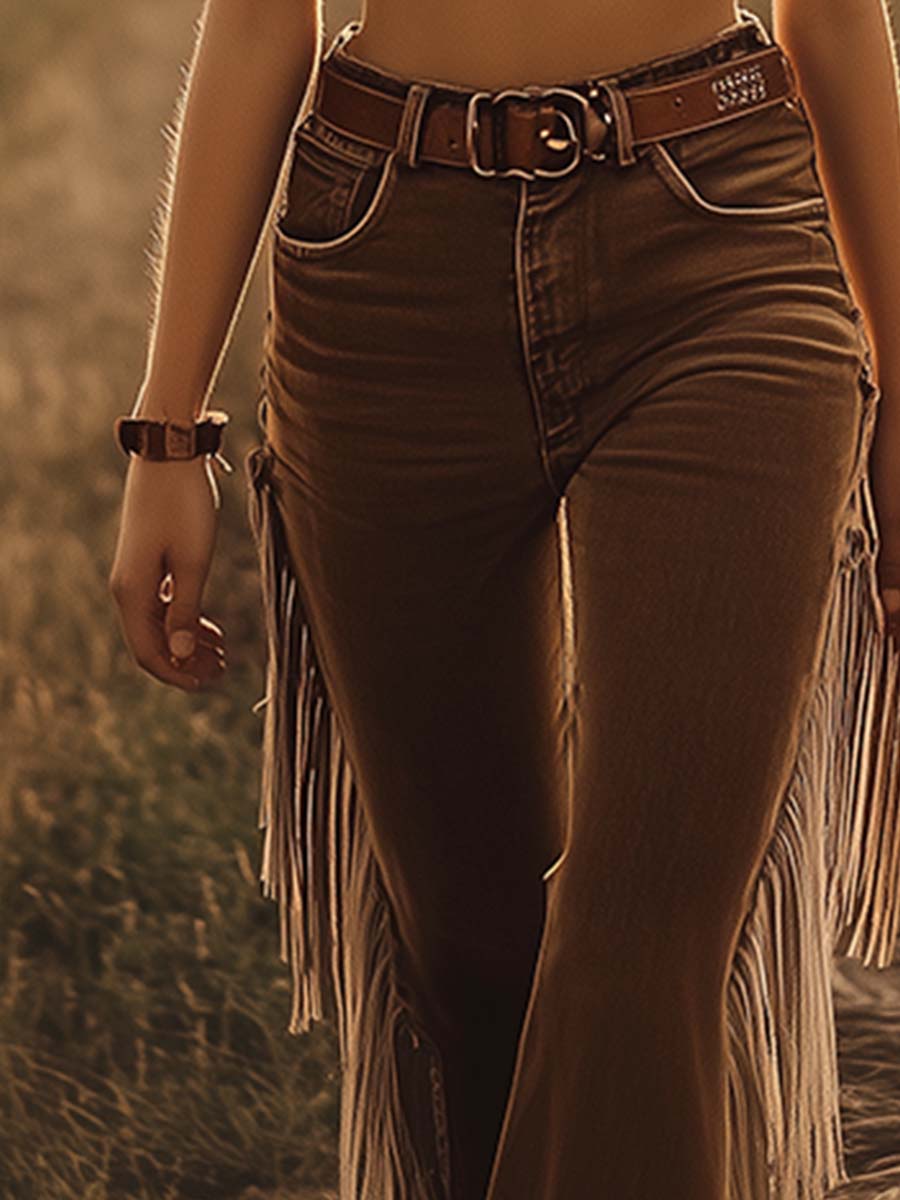 Jeans Flare Vintage Western para Mujer con Flecos y Borlas, Corte Suelto, Casual, Retro, Denim – Marrón