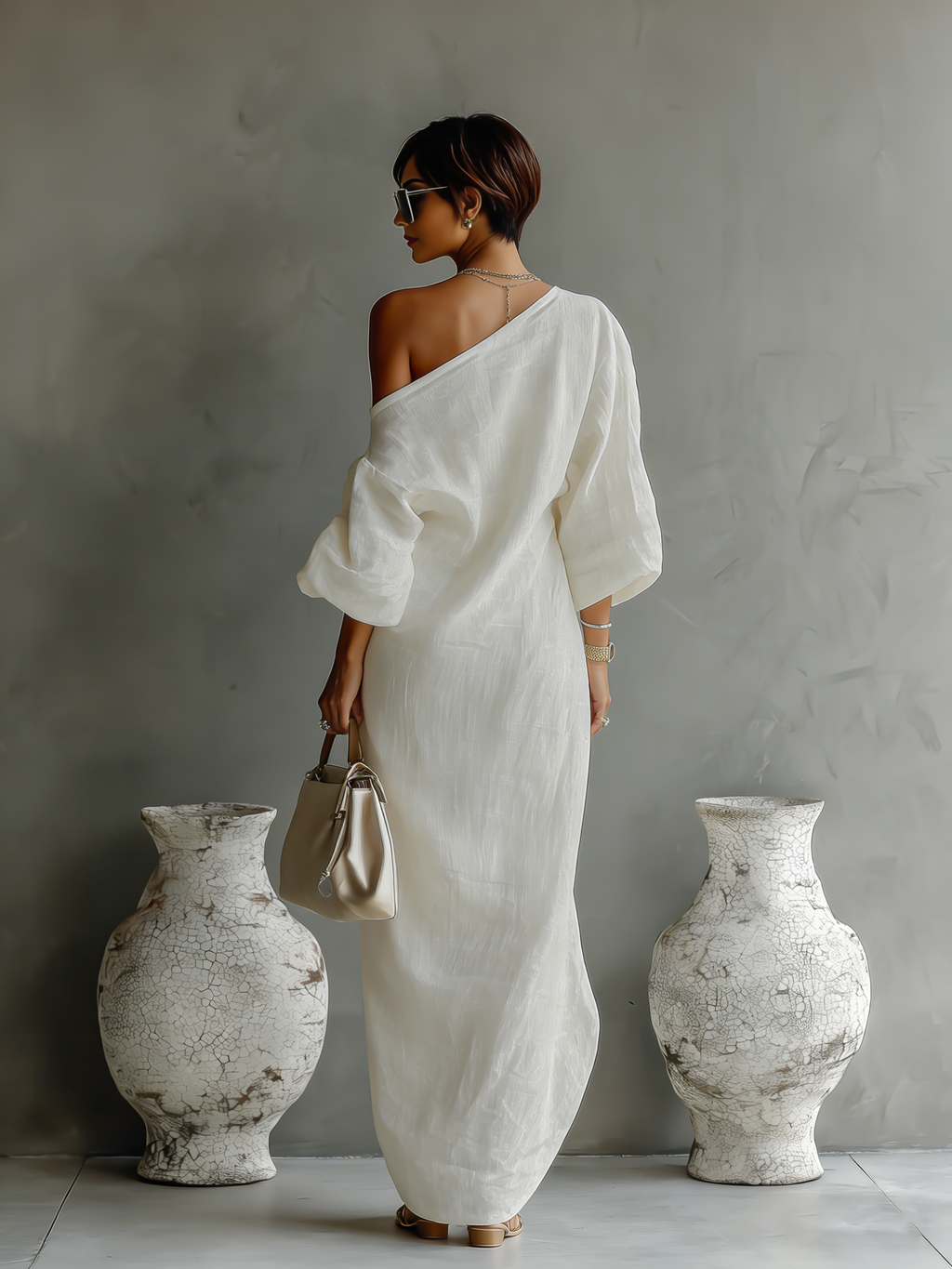Vestido Largo Elegante de Una Sola Manga para Mujer de Algodón y Lino, Fluido, Formal, para Fiestas y Bodas – Blanco Marfil