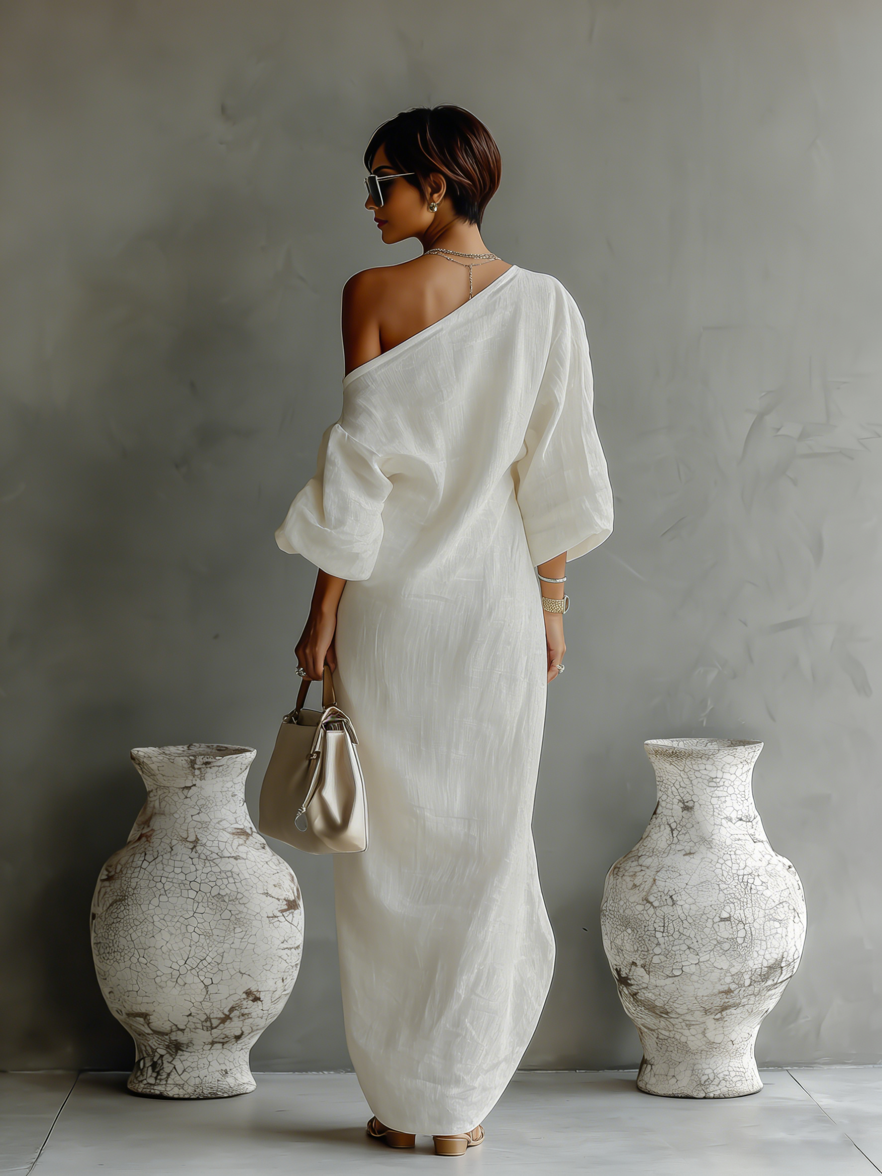 Vestido Largo Elegante de Una Sola Manga para Mujer de Algodón y Lino, Fluido, Formal, para Fiestas y Bodas – Blanco Marfil