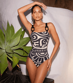 Conjunto de Traje de Baño de Una Pieza con Estampado Tribal para Mujeres y Falda Larga con Tirantes Ajustables para Vacaciones en la Playa, Fiesta en la Piscina, Verano en el Resort – Negro y Blanco