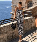 Conjunto de Traje de Baño de Una Pieza con Estampado Tribal para Mujeres y Falda Larga con Tirantes Ajustables para Vacaciones en la Playa, Fiesta en la Piscina, Verano en el Resort – Negro y Blanco