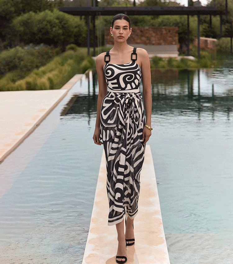 Conjunto de Traje de Baño de Una Pieza con Estampado Tribal para Mujeres y Falda Larga con Tirantes Ajustables para Vacaciones en la Playa, Fiesta en la Piscina, Verano en el Resort – Negro y Blanco