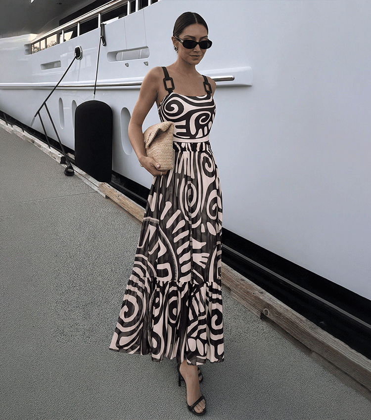Conjunto de Traje de Baño de Una Pieza con Estampado Tribal para Mujeres y Falda Larga con Tirantes Ajustables para Vacaciones en la Playa, Fiesta en la Piscina, Verano en el Resort – Negro y Blanco