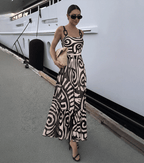 Conjunto de Traje de Baño de Una Pieza con Estampado Tribal para Mujeres y Falda Larga con Tirantes Ajustables para Vacaciones en la Playa, Fiesta en la Piscina, Verano en el Resort – Negro y Blanco