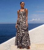 Conjunto de Traje de Baño de Una Pieza con Estampado Tribal para Mujeres y Falda Larga con Tirantes Ajustables para Vacaciones en la Playa, Fiesta en la Piscina, Verano en el Resort – Negro y Blanco
