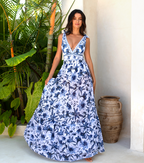 Conjunto de Traje de Baño de Una Pieza Con Escote En V, Cordones y Estampado Floral & Falda larga - Vacaciones En La Playa, Resort, Fiesta En La Piscina, Crucero, Luna de Miel – Azul