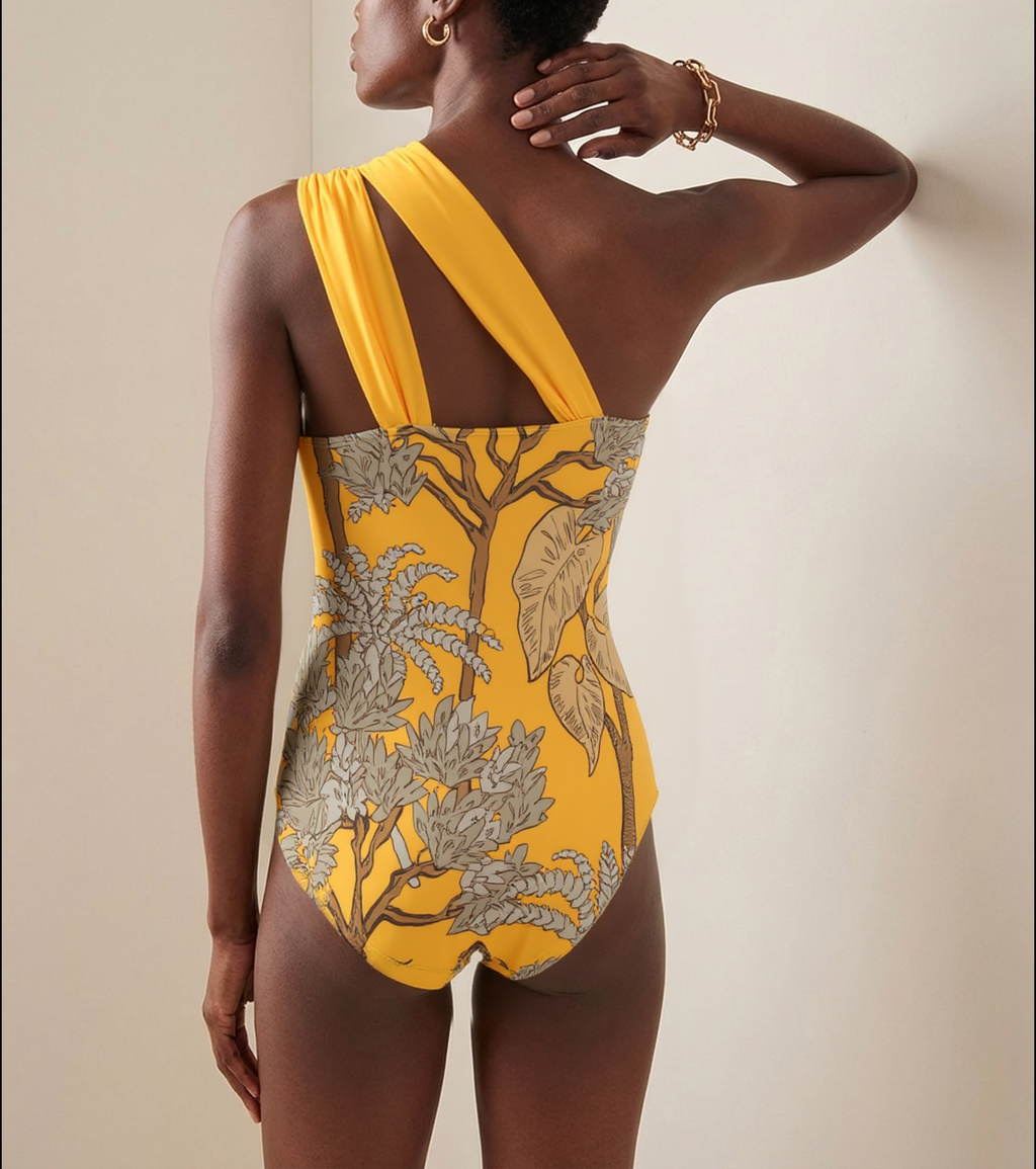 Conjunto de Traje de Baño de Una Sola Manga con Estampado Floral y Falda Larga para Vacaciones en la Playa, Fiesta en la Piscina, Resort Tropical Verano – Amarillo